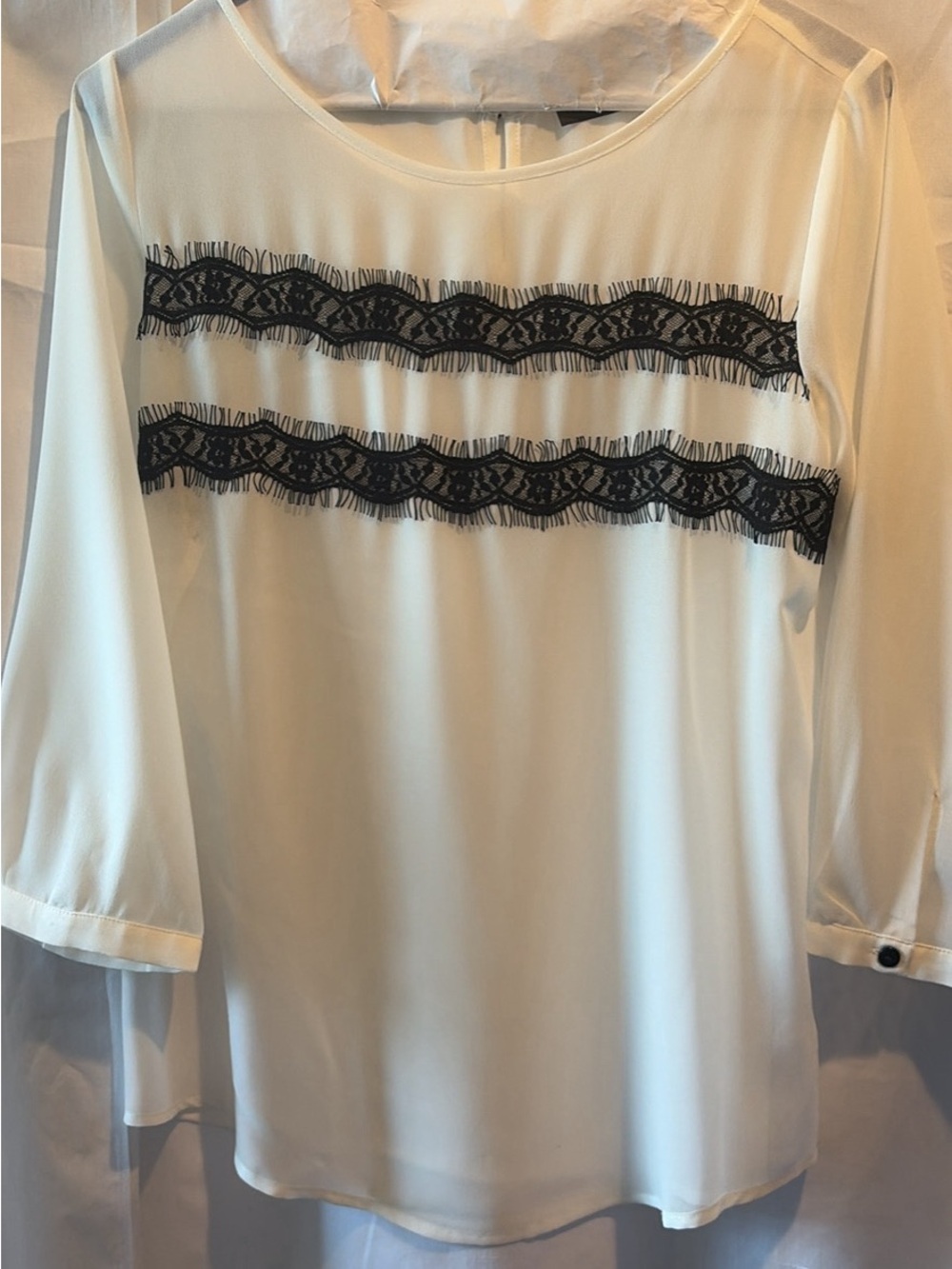 Women’s White Blouse with Black Lace Trim